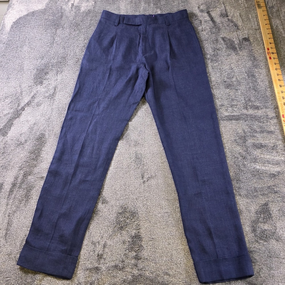 Ralph Lauren Purple Label Linen Silk Cuff Trouser Pants Womens 4 Blue $1490